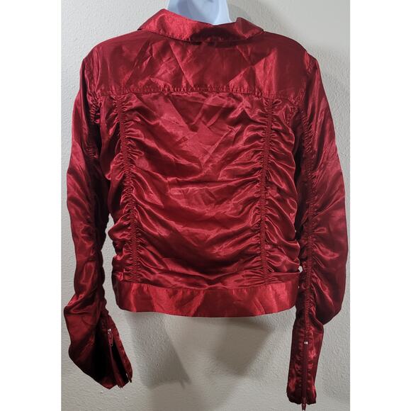 Overdrive Red Satin Ruched Gathered Full Zip Collard Jacket Large Lightweight - Picture 2 of 7